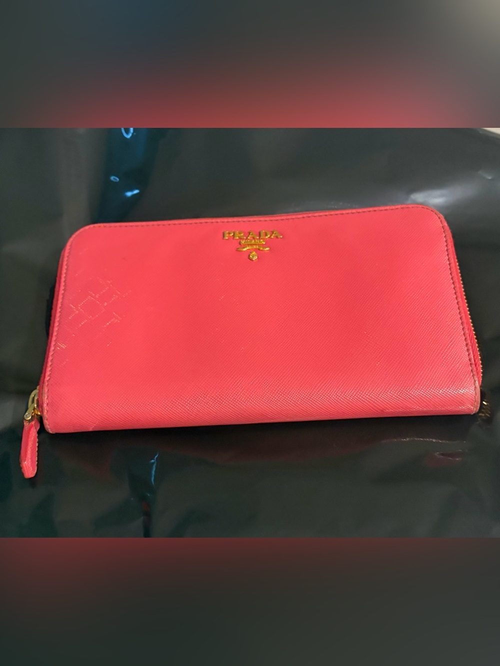 Prada Pink Saffiano Leather Metal Lettering Zip-Around Long Wallet